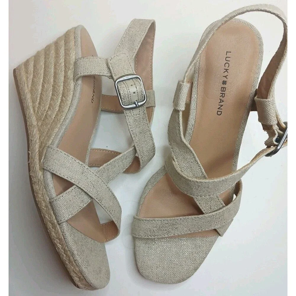 Lucky Brand Sandals Sz 8.5 Strappy Espadrille Wedge Heel Natural & Gold Metallic